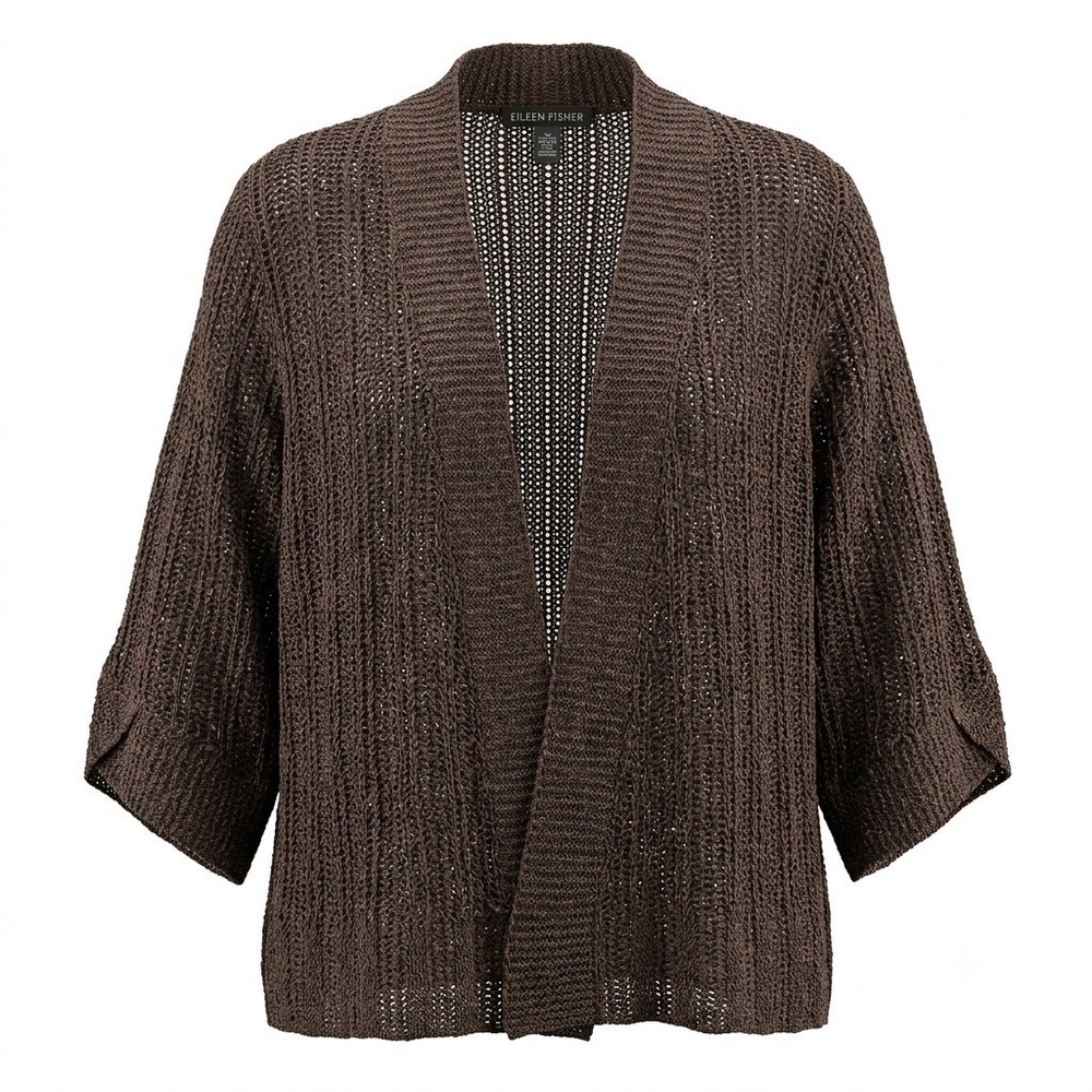 Eileen Fisher Brown Linen Silk Open Stitch Cardigan PS Petite Small Open Front